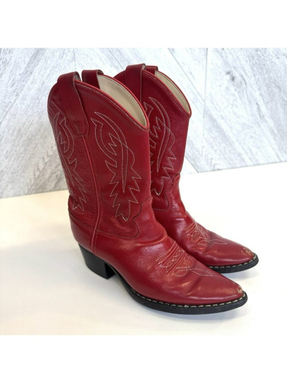 Old West Red Leather Cowboy Boots Kids Unisex Youth Size 3 D Western Rodeo